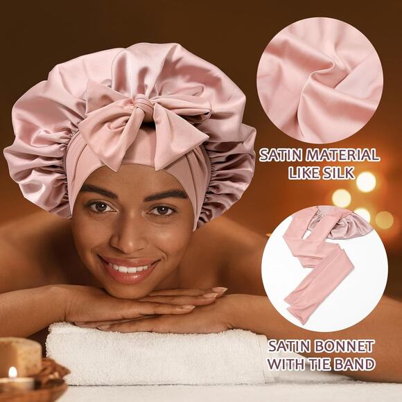Satin Hair Bonnet with Wide Tie Band – Silk Sleeping Cap for Women & Girls - Picture 3 of 6